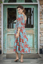 Thumbnail for Kaajh Women's Turquoise Floral Printed Cotton Ethnic Dress - Distacart