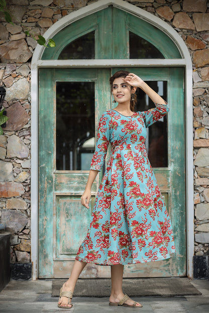 Kaajh Women's Turquoise Floral Printed Cotton Ethnic Dress - Distacart