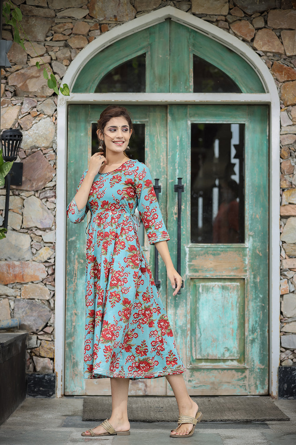 Kaajh Women's Turquoise Floral Printed Cotton Ethnic Dress - Distacart