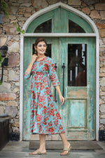 Thumbnail for Kaajh Women's Turquoise Floral Printed Cotton Ethnic Dress - Distacart