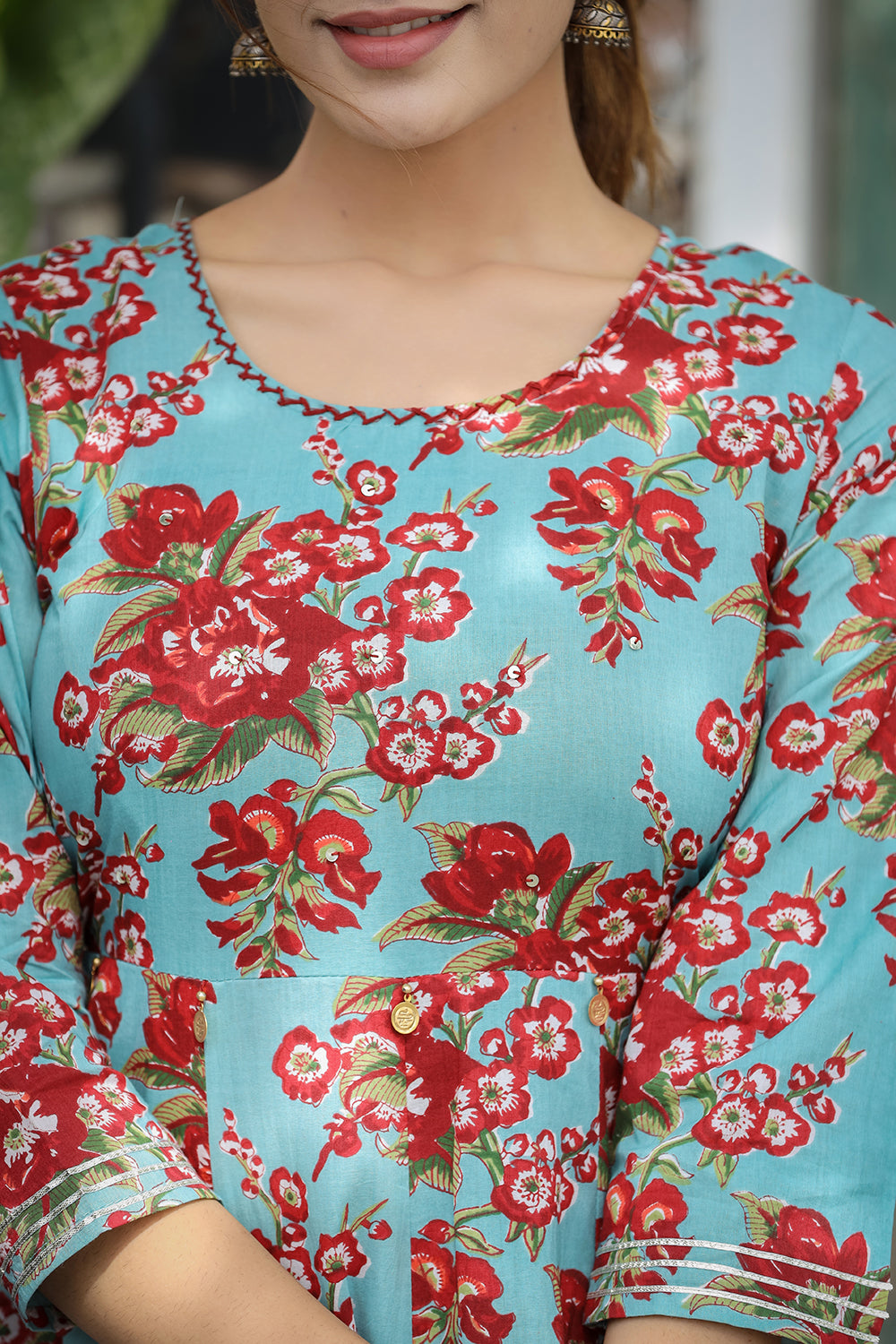 Kaajh Women's Turquoise Floral Printed Cotton Ethnic Dress - Distacart