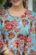 Thumbnail for Kaajh Women's Turquoise Floral Printed Cotton Ethnic Dress - Distacart