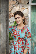 Thumbnail for Kaajh Women's Turquoise Floral Printed Cotton Ethnic Dress - Distacart
