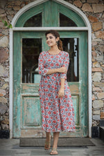 Thumbnail for Kaajh Women's White Blue Floral Printed Cotton Ethnic Dress - Distacart