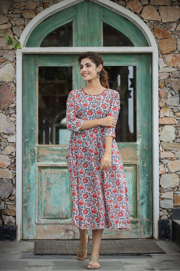 Kaajh Women's White Blue Floral Printed Cotton Ethnic Dress - Distacart