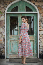 Thumbnail for Kaajh Women's White Blue Floral Printed Cotton Ethnic Dress - Distacart