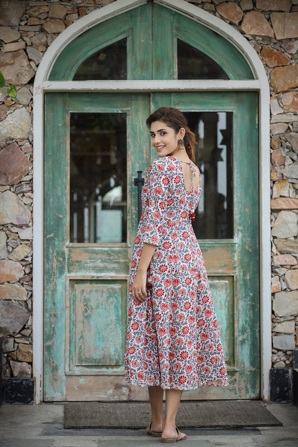 Kaajh Women's White Blue Floral Printed Cotton Ethnic Dress - Distacart