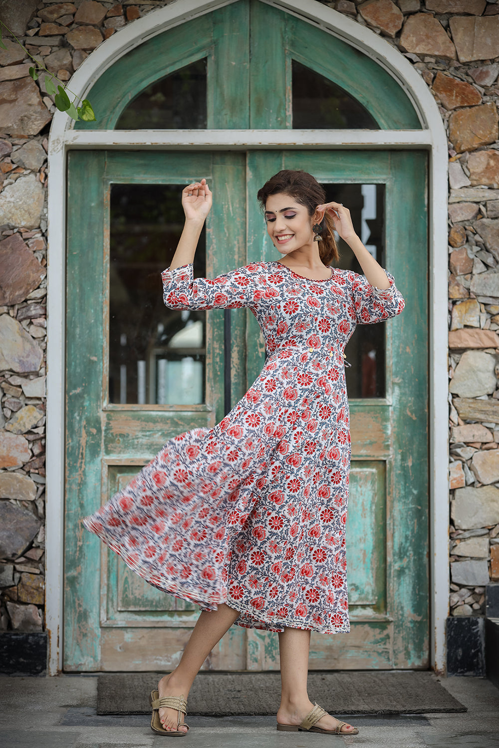 Kaajh Women's White Blue Floral Printed Cotton Ethnic Dress - Distacart