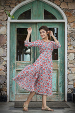 Thumbnail for Kaajh Women's White Blue Floral Printed Cotton Ethnic Dress - Distacart