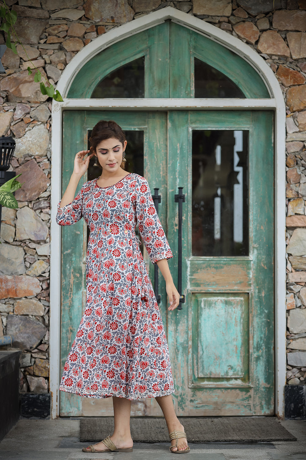 Kaajh Women's White Blue Floral Printed Cotton Ethnic Dress - Distacart