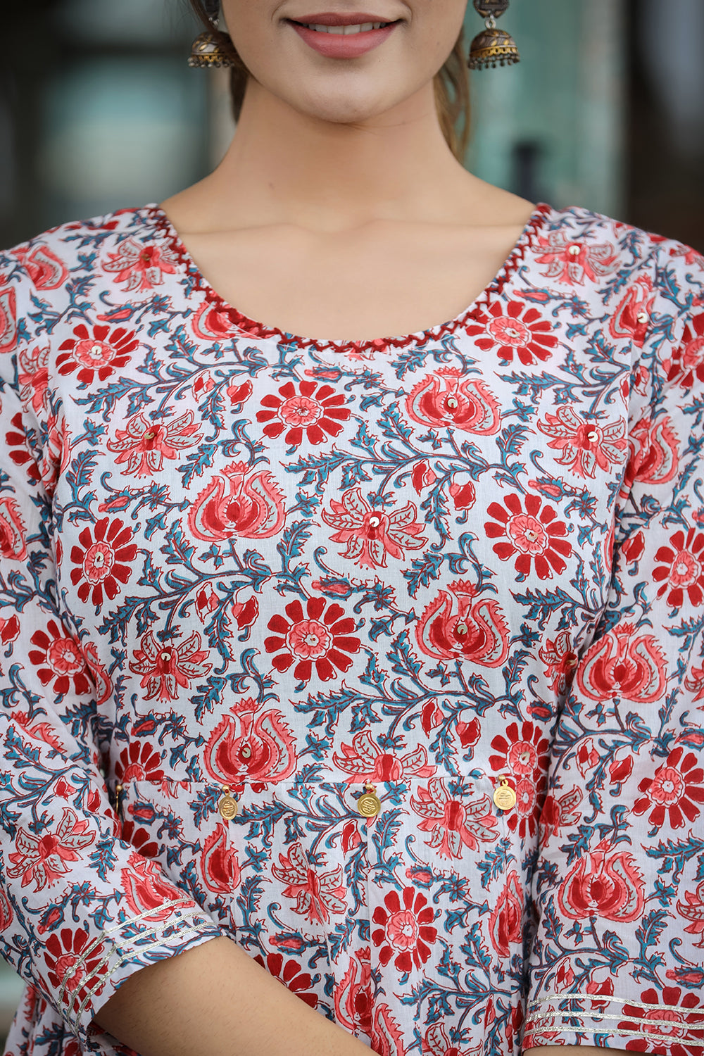 Kaajh Women's White Blue Floral Printed Cotton Ethnic Dress - Distacart