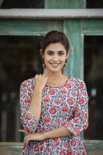 Thumbnail for Kaajh Women's White Blue Floral Printed Cotton Ethnic Dress - Distacart