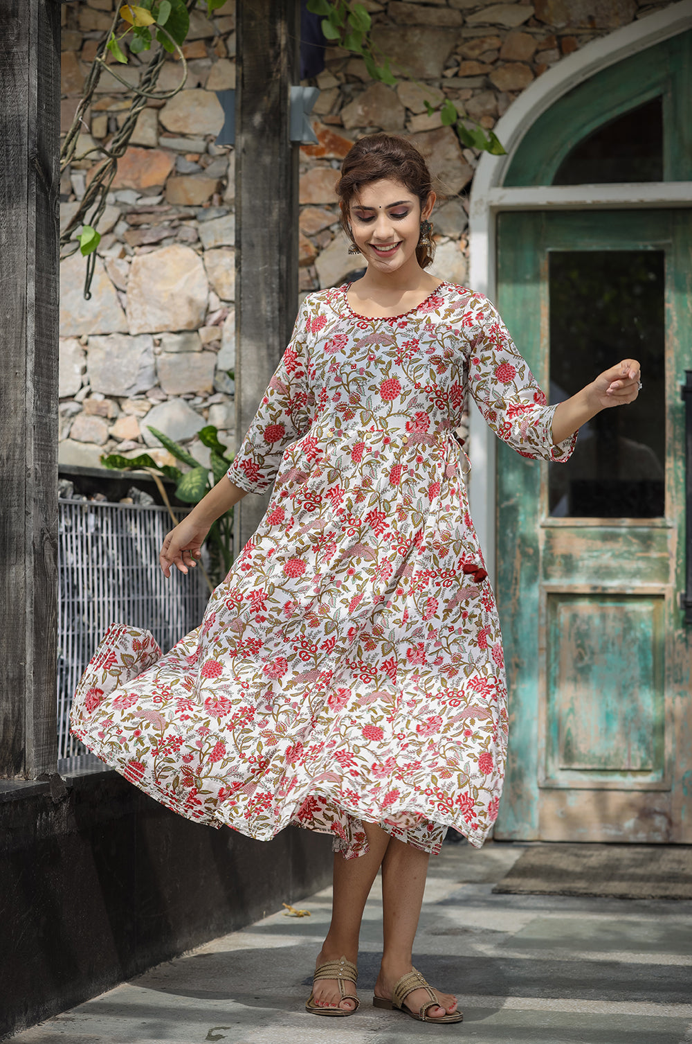 Kaajh Women's White Red Floral Printed Cotton Ethnic Dress - Distacart