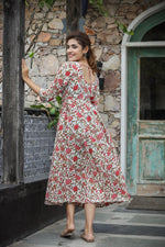 Thumbnail for Kaajh Women's White Red Floral Printed Cotton Ethnic Dress - Distacart