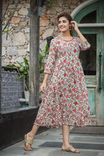 Thumbnail for Kaajh Women's White Red Floral Printed Cotton Ethnic Dress - Distacart