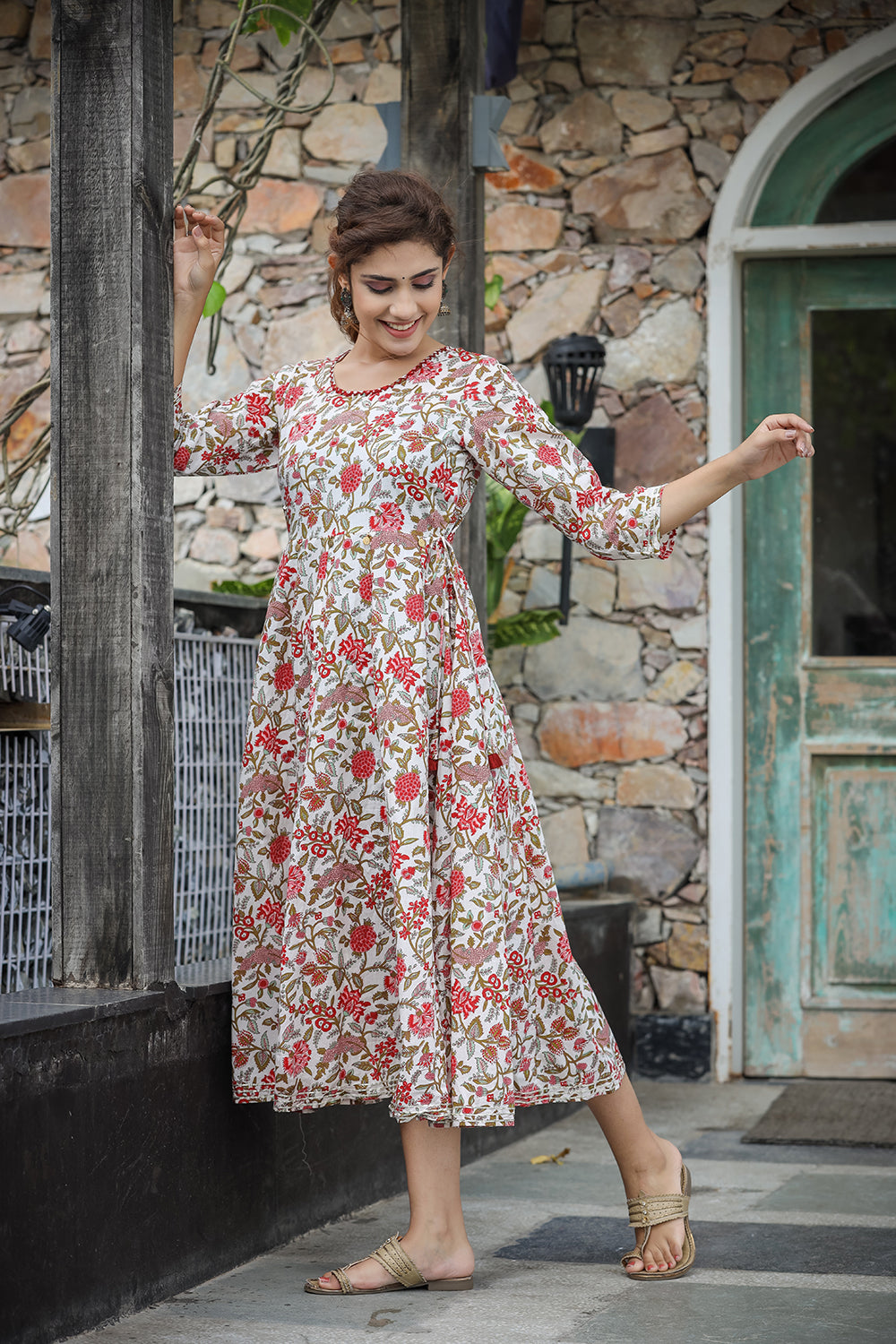 Kaajh Women's White Red Floral Printed Cotton Ethnic Dress - Distacart