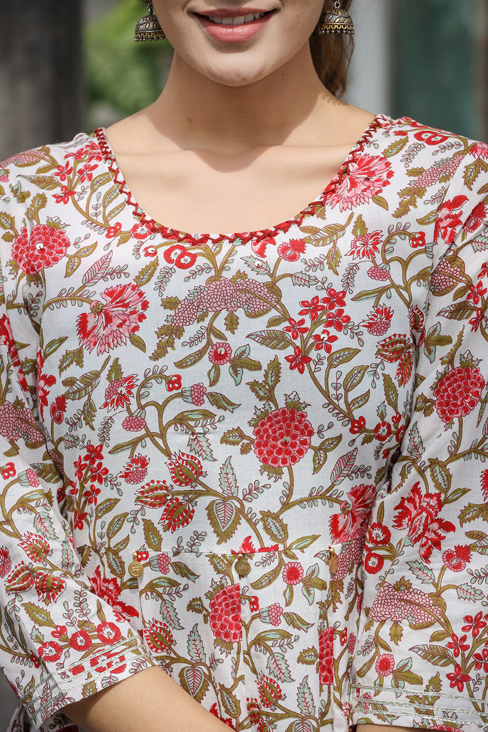 Kaajh Women's White Red Floral Printed Cotton Ethnic Dress - Distacart