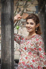 Thumbnail for Kaajh Women's White Red Floral Printed Cotton Ethnic Dress - Distacart