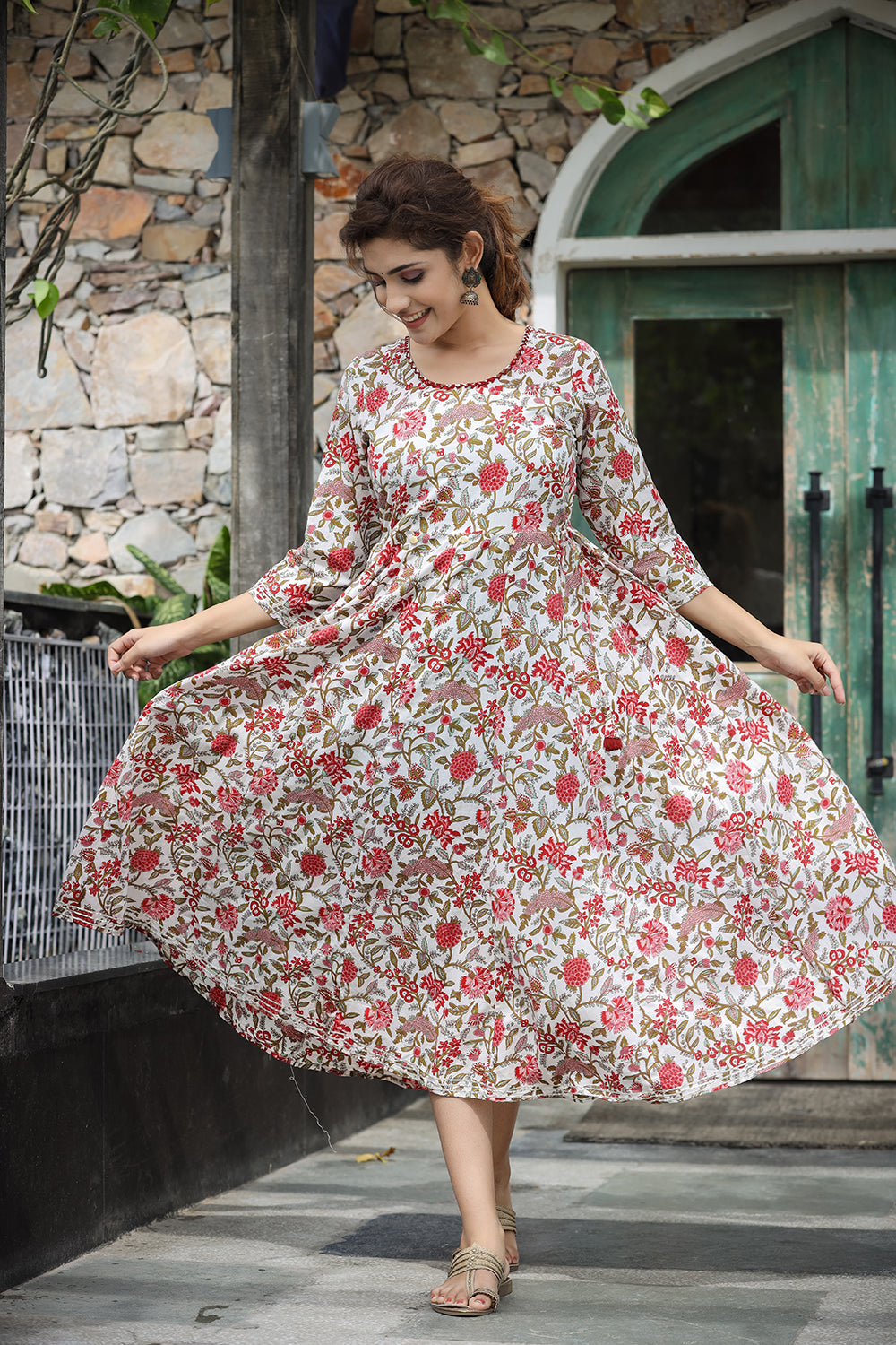 Kaajh Women's White Red Floral Printed Cotton Ethnic Dress - Distacart