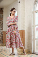 Thumbnail for Kaajh Women's White Green Floral Printed Cotton Ethnic Dress - Distacart