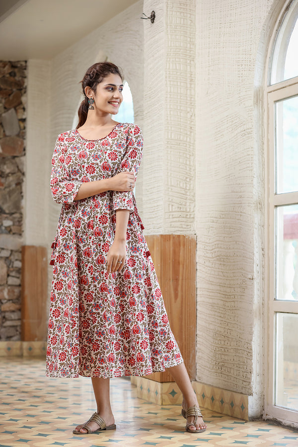 Kaajh Women's White Green Floral Printed Cotton Ethnic Dress - Distacart