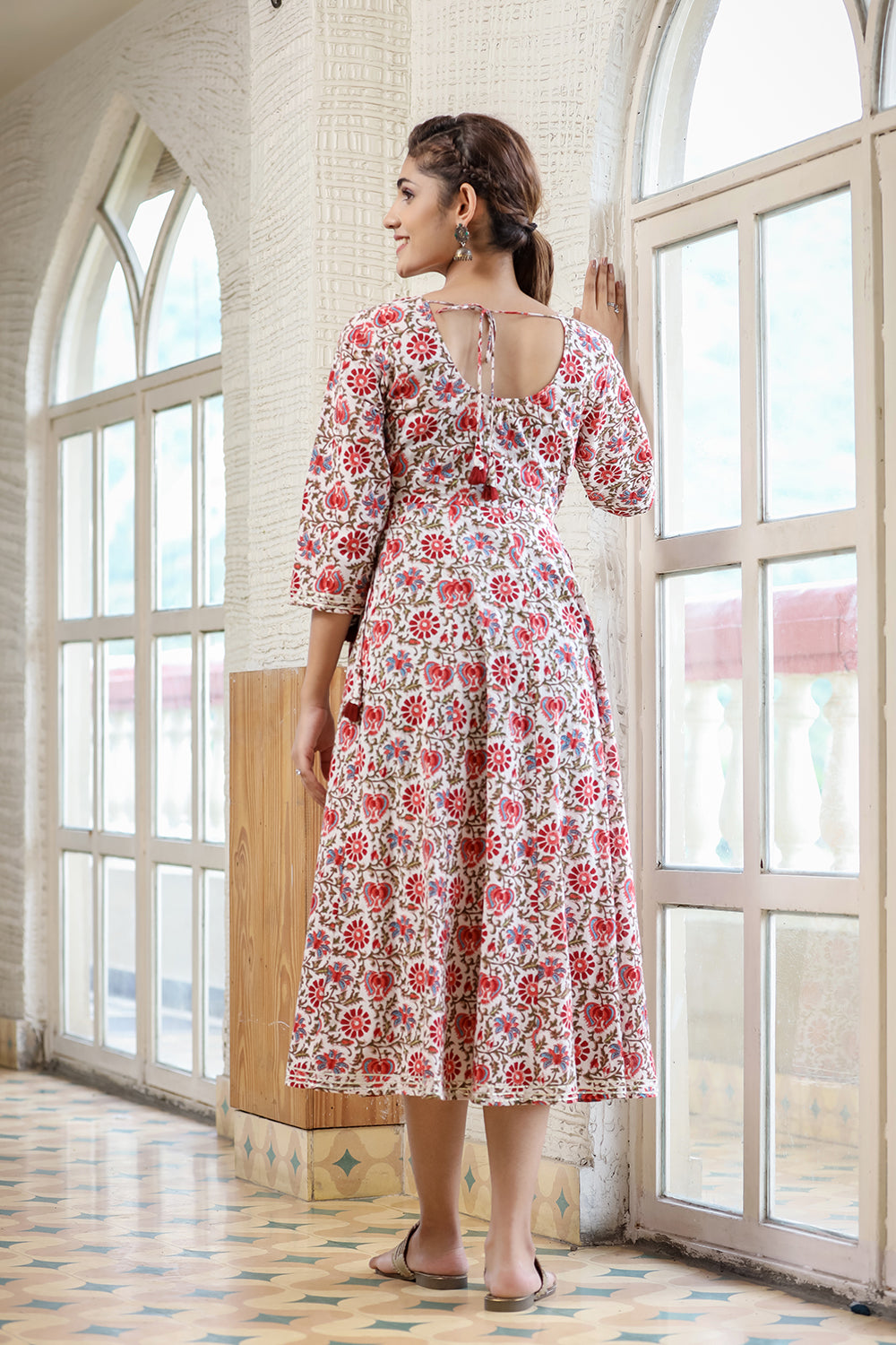 Kaajh Women's White Green Floral Printed Cotton Ethnic Dress - Distacart