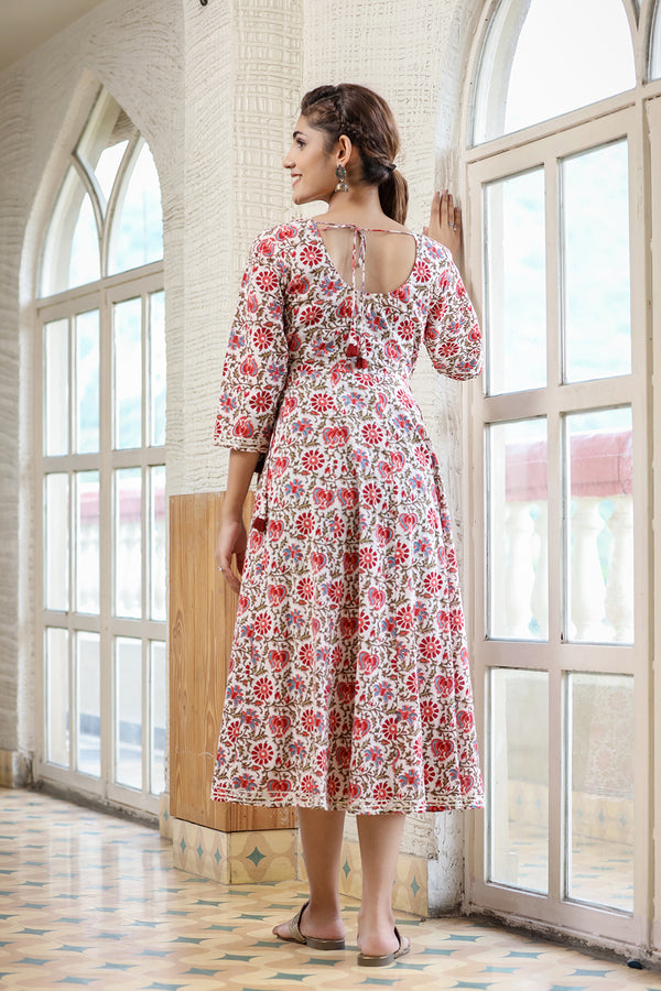 Kaajh Women's White Green Floral Printed Cotton Ethnic Dress - Distacart