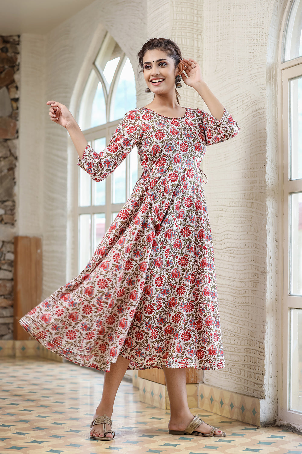 Kaajh Women's White Green Floral Printed Cotton Ethnic Dress - Distacart