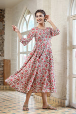 Thumbnail for Kaajh Women's White Green Floral Printed Cotton Ethnic Dress - Distacart