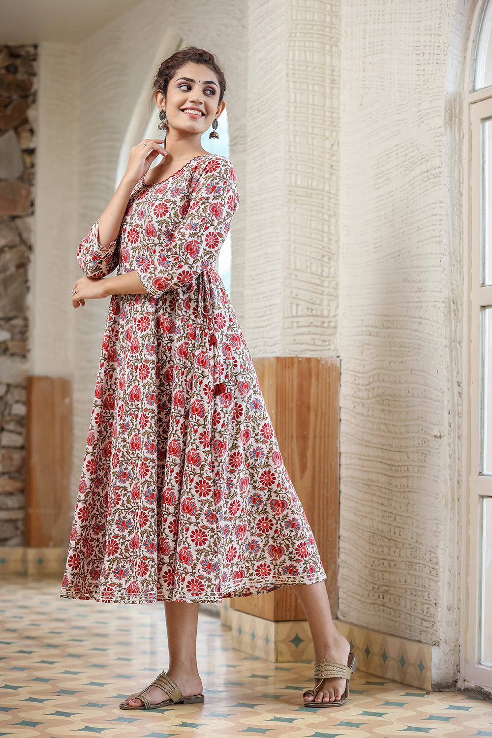 Kaajh Women's White Green Floral Printed Cotton Ethnic Dress - Distacart