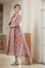 Thumbnail for Kaajh Women's White Green Floral Printed Cotton Ethnic Dress - Distacart