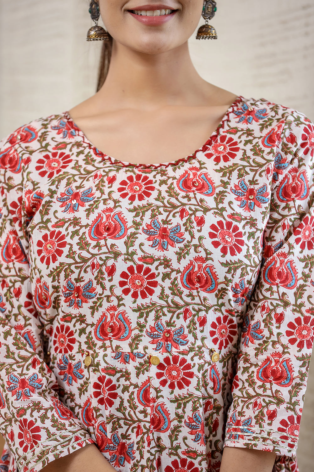 Kaajh Women's White Green Floral Printed Cotton Ethnic Dress - Distacart