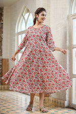 Thumbnail for Kaajh Women's White Green Floral Printed Cotton Ethnic Dress - Distacart