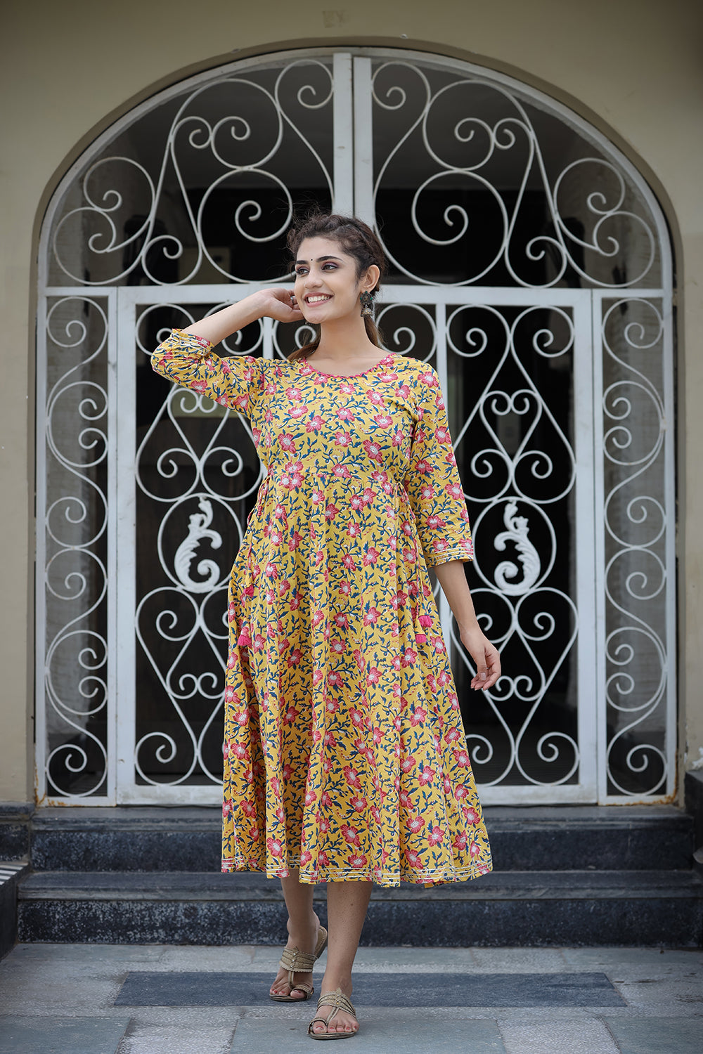 Kaajh Women's Yellow Floral Printed Cotton Ethnic Dress - Distacart