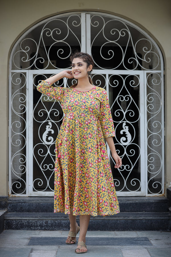 Kaajh Women's Yellow Floral Printed Cotton Ethnic Dress - Distacart