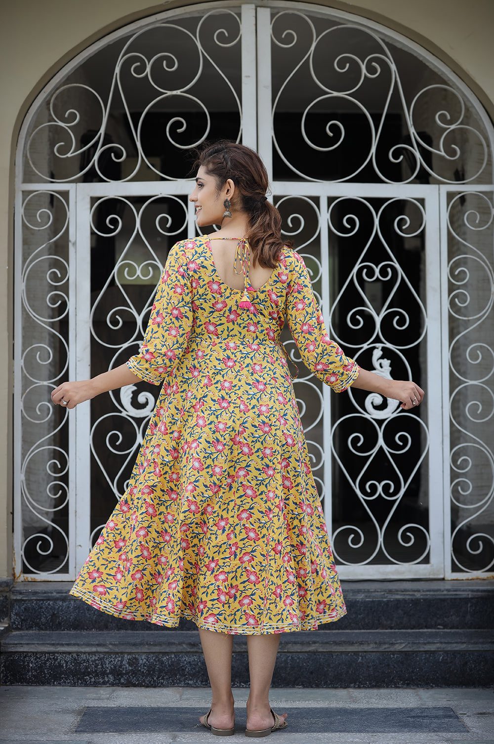 Kaajh Women's Yellow Floral Printed Cotton Ethnic Dress - Distacart