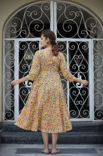 Thumbnail for Kaajh Women's Yellow Floral Printed Cotton Ethnic Dress - Distacart