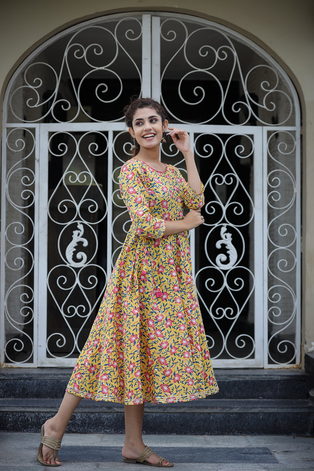 Kaajh Women's Yellow Floral Printed Cotton Ethnic Dress - Distacart