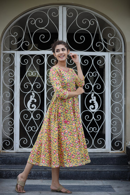 Kaajh Women's Yellow Floral Printed Cotton Ethnic Dress - Distacart