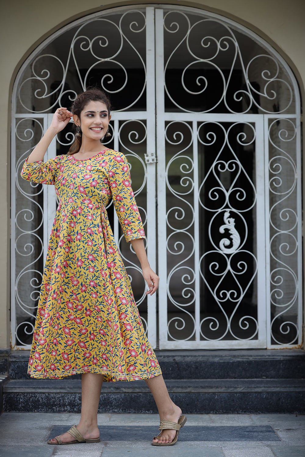 Kaajh Women's Yellow Floral Printed Cotton Ethnic Dress - Distacart