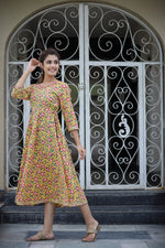 Thumbnail for Kaajh Women's Yellow Floral Printed Cotton Ethnic Dress - Distacart