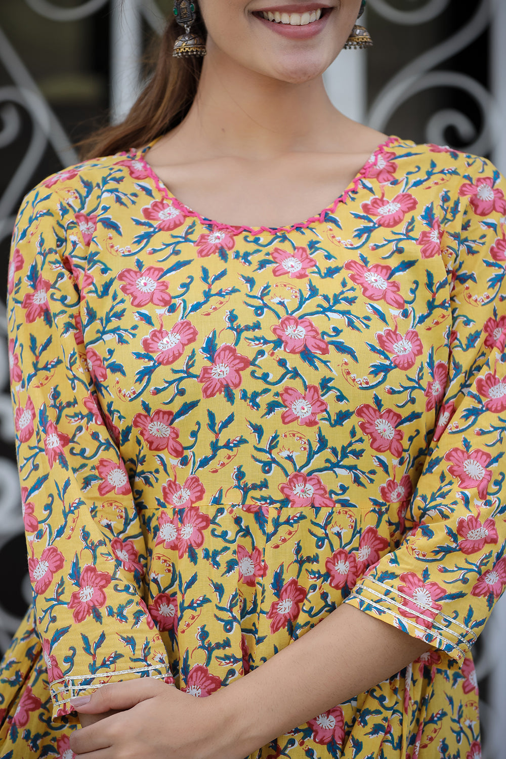 Kaajh Women's Yellow Floral Printed Cotton Ethnic Dress - Distacart