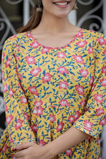 Thumbnail for Kaajh Women's Yellow Floral Printed Cotton Ethnic Dress - Distacart