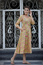 Thumbnail for Kaajh Women's Yellow Floral Printed Cotton Ethnic Dress - Distacart