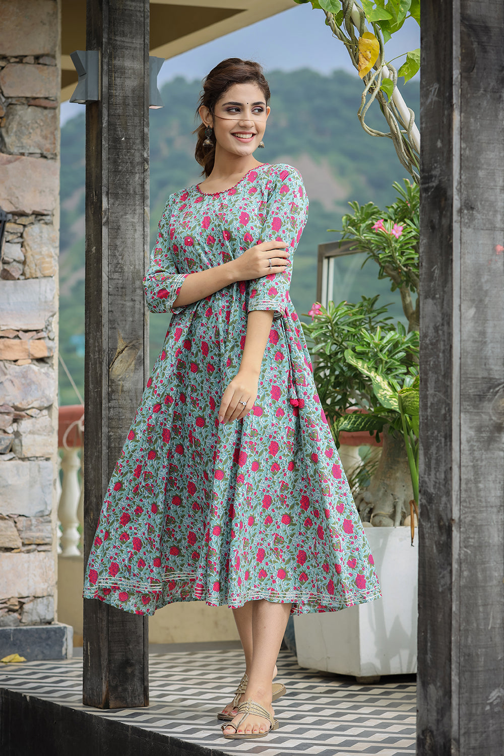 Kaajh Women's Green Pink Floral Printed Cotton Ethnic Dress - Distacart
