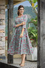 Thumbnail for Kaajh Women's Green Pink Floral Printed Cotton Ethnic Dress - Distacart