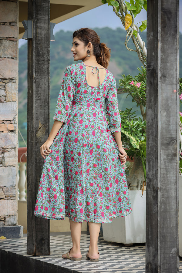 Kaajh Women's Green Pink Floral Printed Cotton Ethnic Dress - Distacart