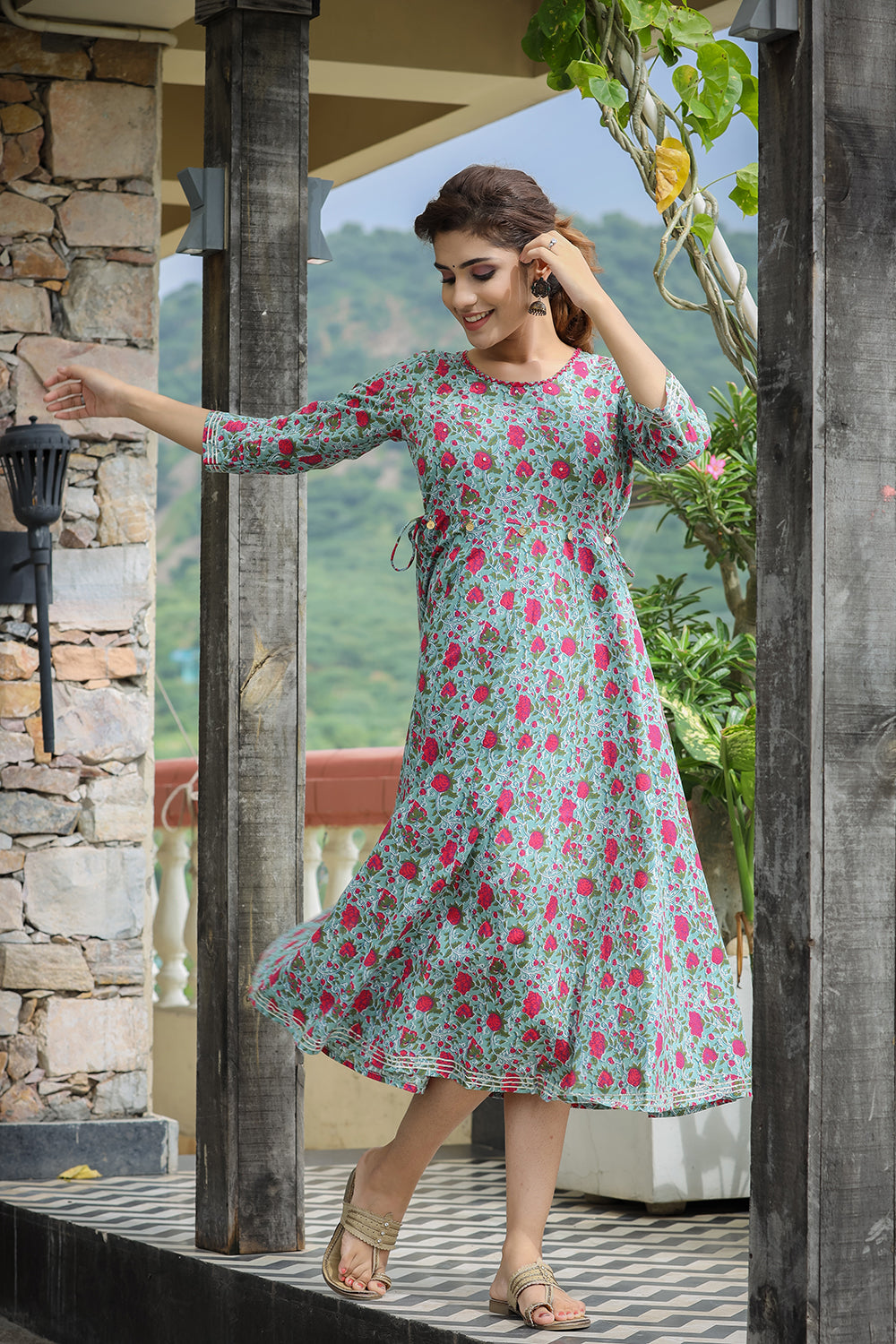 Kaajh Women's Green Pink Floral Printed Cotton Ethnic Dress - Distacart