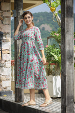Thumbnail for Kaajh Women's Green Pink Floral Printed Cotton Ethnic Dress - Distacart