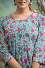 Thumbnail for Kaajh Women's Green Pink Floral Printed Cotton Ethnic Dress - Distacart
